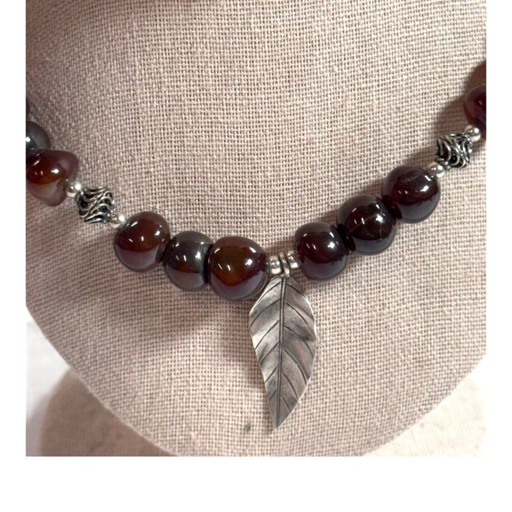 Vintage Sterling Lucite Brown Beaded Necklace Silver Leaf Pendant & Hook Clasp